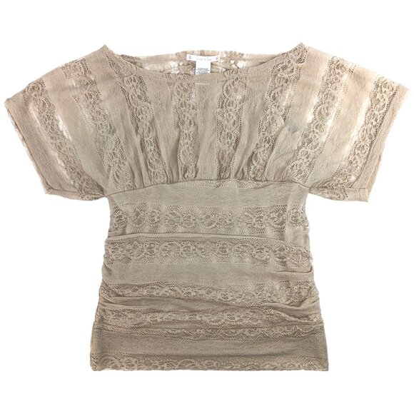 free 2 luv Tops - FREE 2 LUV-Women's top-Lace Stretch Blouse-SMALL-Beige-Cream-Neutral